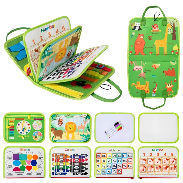 Animal Busy Board for Toddlers, Montessori Toys for 3+ Year Old,Sensory Busy Book Learning Activities with Alphabet,Counting Number 1-10,Shape Sorter,Basic Dress Skills,Travel Toys for Boy Girl