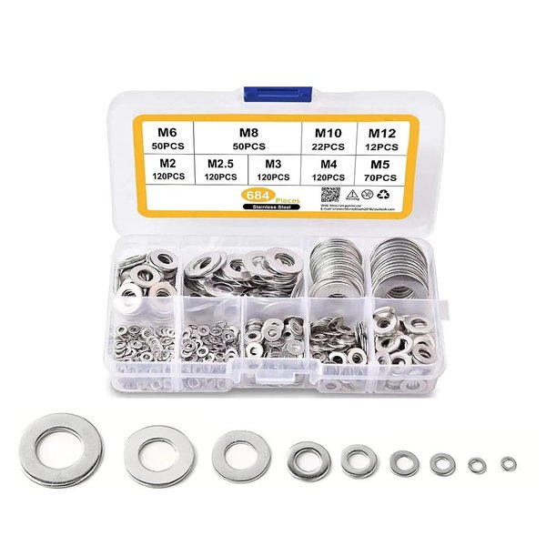 GKmow 684 PCS Auto Drain Plug Gasket Classification Set, 9 Sizes M6 M8 M10 M12 M2 M2.5 M3 M4 M5 Extrusion Seal Combination Kit, Stainless Steel Sealing Flat Washer, Universal Car Accessory (Silver)