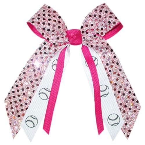 Softball, Baseball Soft Touch Sequin Hair Bow, Made in the USA, Many Colors, White Pony Band, (Hot Pink)