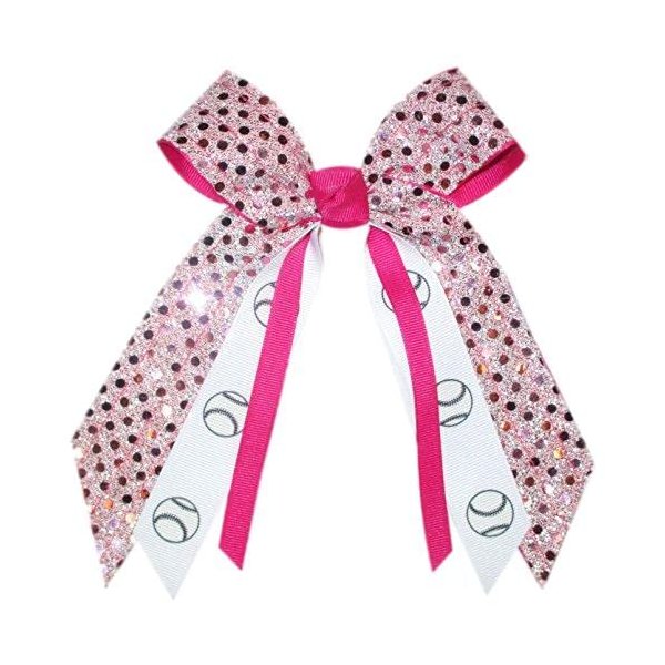 Softball, Baseball Soft Touch Sequin Hair Bow, Made in the USA, Many Colors, White Pony Band, (Hot Pink)