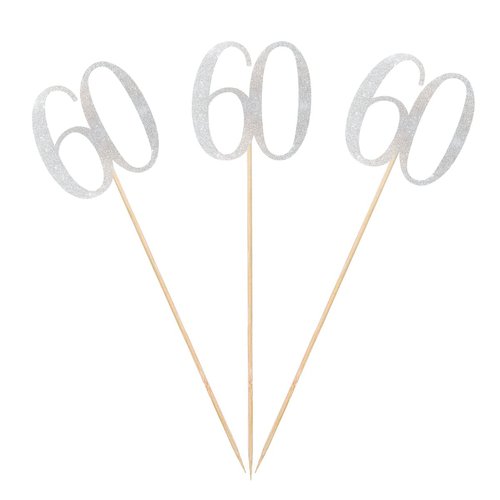 Silver Glitter 60th Birthday Centerpiece Sticks, 12-Pack Number 60 Table Topper Anniversary Party Decorations