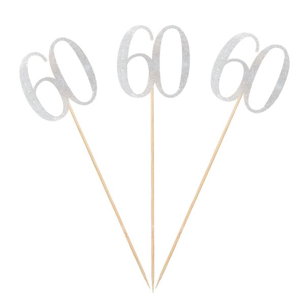 Silver Glitter 60th Birthday Centerpiece Sticks, 12-Pack Number 60 Table Topper Anniversary Party Decorations