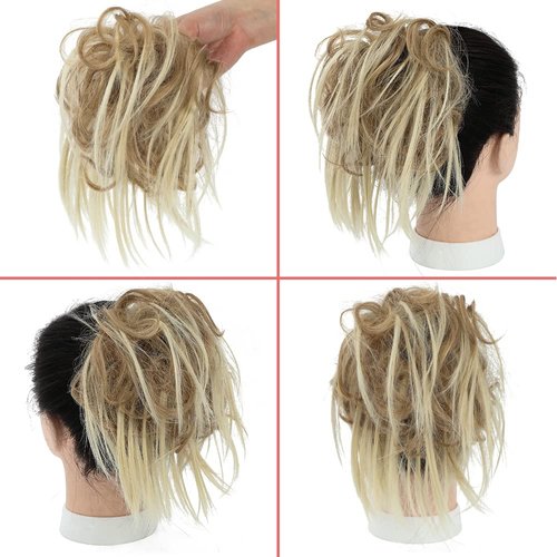 KETHBE Messy Bun Hair Piece,Synthetic Tousled updo Hair Buns Hair Piece Short Ponytail Faux Hair Scrunchie with Elastic Rubber Band Hair Bun Pieces for Women (Light Golden Brown Mix Bleach Blonde)