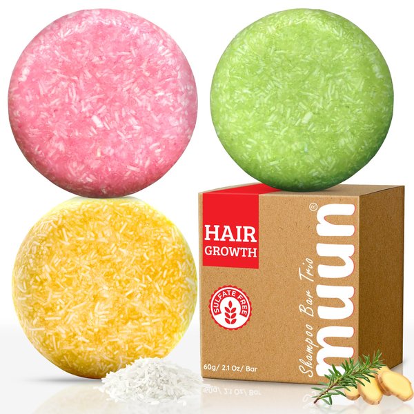 Shampoo Bar Pack 3 - Mix Ginger Rosemary & Rice Water - pH Balanced Hair Growth, Anti Hair Loss, Hair Regrowth Solid Soap Easy for Travel - Sulfate & Silicone Free For All Hair Type