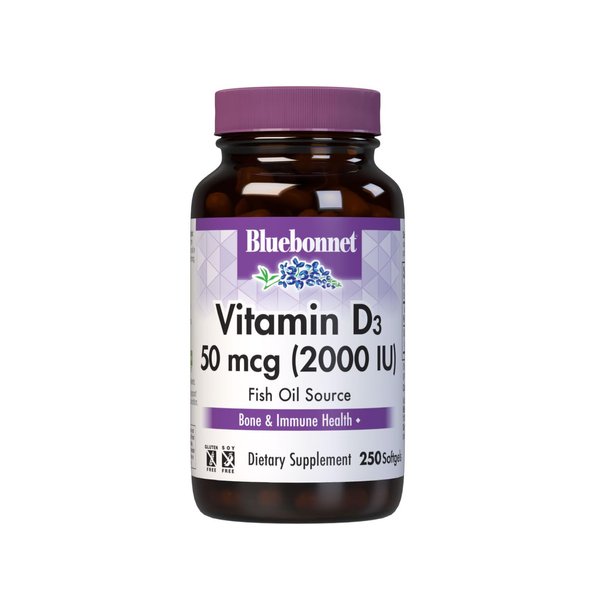 Bluebonnet Nutrition Vitamin D3 2000 IU50 mcg High Potency Immune Support, High Absorption Cold-Water Fish Liver Oil & Plant-Based Non-GMO Safflower Oil, Support Strong Bone, Gluten-Free, 250 Softgels