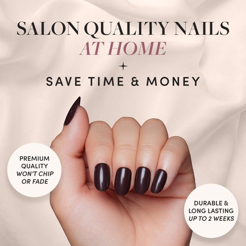 Glamnetic Press On Nails - Bark Brown | Opaque Dark Brown Short Round False Nails, Reusable Stick On Fake Nails with Glue | Salon Quality | 15 Sizes - 30 Nail Kit
