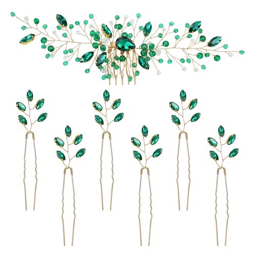 inSowni 7 Pieces Vintage Party Prom Wedding Bridal Emerald Green Beads Crystal Hair Side Combs+Rhinestone U-shaped Hair Pins Headpieces for Brides Bridesmaids Women Girls