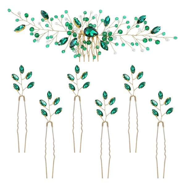 inSowni 7 Pieces Vintage Party Prom Wedding Bridal Emerald Green Beads Crystal Hair Side Combs+Rhinestone U-shaped Hair Pins Headpieces for Brides Bridesmaids Women Girls