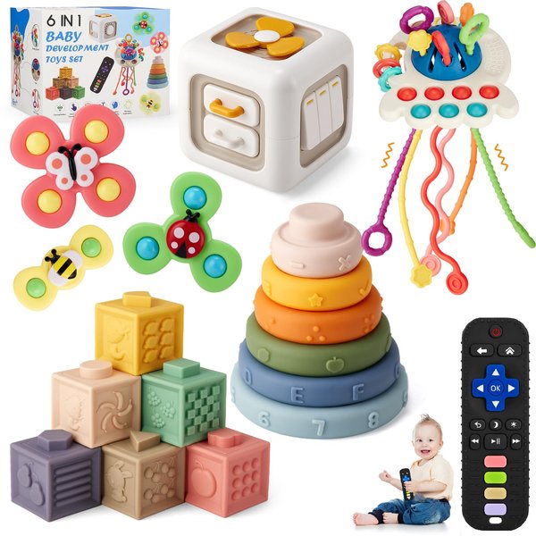 VoMii 18Pcs Baby Toys 6-12-18 Months, Montessori Toys Newborn Toys for Babies, Infant Teether Sorting Stacking Blocks Spinner Toy Activity Cube Pull Push Sensory Toys for Toddlers 1-2-3 Years
