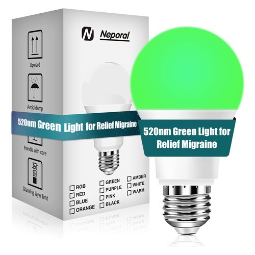 Neporal Migraine Relief LED Light Bulb, Full Spectrum Light with 520nm Narrow Band, Non-Drug Support for Headache, Anxiety, Tension Relief, 9W 60 Watt Equivalent, E26/E27, 1PK