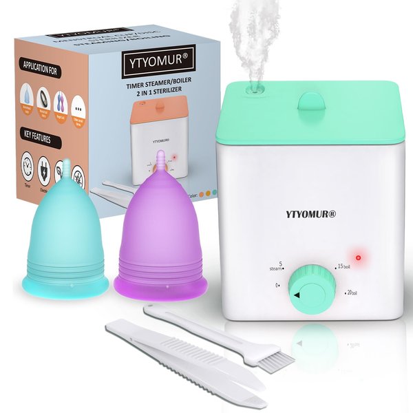 YTYOMUR Menstrual Cup Steamer Sterilizer with 2 Reusable Period Cups, Menstrual Cups Cleaner Wash Kit, Auto Off High Temperature Steam Sterilization for Women Feminine Hygiene Care