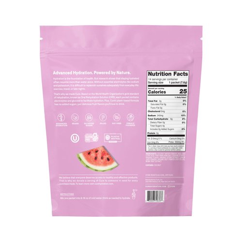 Cure Hydration | Plant-Based Electrolyte Drink Mix | No Added Sugar | Dehydration Relief Powder Made with Coconut Water | Non-GMO | Vegan | FSA & HSA | Pouch of 14 Packets - Watermelon