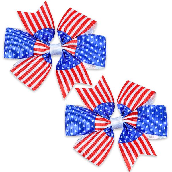 2PCS 4th of July Hair Bow Clips for Girls Kids Red White and Blue Hair Clips Patriotic Star Bow Hair Pins American Flag Headwear Memorial Day Accessories for Toddler Baby Women Independence Day Parade
