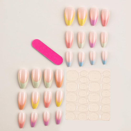 Pink Press on Nails French Tip Fake Nails Medium Almond False Nails with Blue Pink Purple Yellow Tip Designs Glue on Nails Full Cover Stick on Nails Cute Acrylic Nails Glossy Artificial Nails