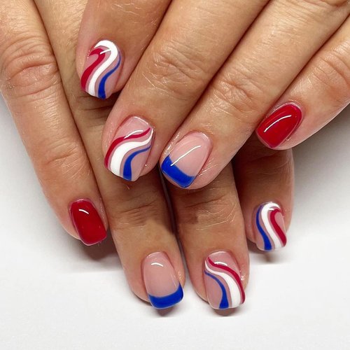 4th of July Press on Nails Short Square Glossy Fake Nails Independence Day Glue on Nails Red Blue White French Tips Nails Patriotic Design Fourth of July False Nails Coffin Full Cover Stick on Nails 24Pcs