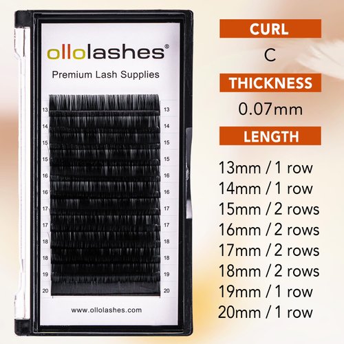 OLLOLASHES Lash Trays for Lash Extensions B/C/CC/D/J Curl Mix4-20mm 0.03-0.15 thickness Super Matte Eyelash Extensions, Professional Supplies for Lash Techs (C-0.07, 13-20mm)