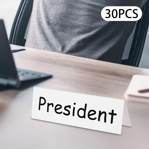 30Pcs Reusable Name Tent Cards, Dry Erase Name Tent Cards, Sturdy Tent Cards are Dual-Sided, Stackable and Simple to Use, Wipe Clean Desk Name Tags, for Meetings White Name Plate for Weddings