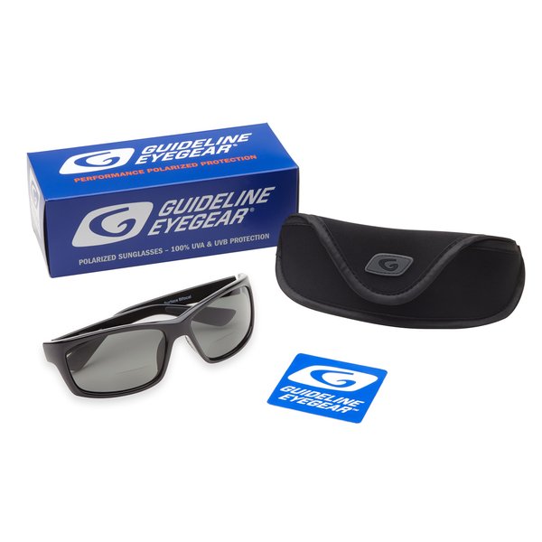 Guideline Eyegear Surface Fishing, Boating, Water Sports Polarized Bifocal Sunglasses with Deepwater Gray Lens, Shiny Black Frame(+1.50)