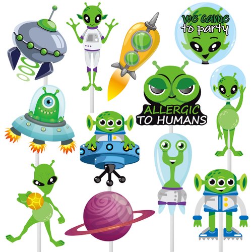36Pcs Alien Party Cupcake Toppers Space Alien Party Decorations UFO ET Cupcake Picks for Alien Theme Birthday Party Decorations Baby Shower Supplies