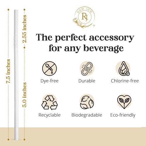 Row Jow 24 Hours Flex Paper Straws - (100pcs Paper Straws) 100% Biodegradable Ecofriendly Extra Durable, Last up to 24 hours in beverages, Recyclable.