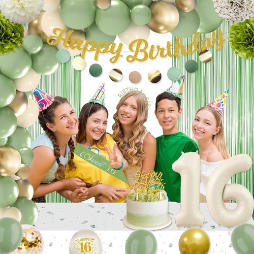 Sweet 16 Party Decorations, Sage Green 16th Birthday Decorations for Girls Happy 16th Birthday Banner Balloons Cake Topper Tablecloth Foil Curtain, Sweet 16 Decorations Party Supplies