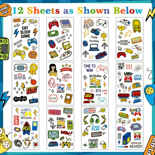 Partywind Luminous Video Game Party Supplies Temporary Tattoos for Kids, 158 Styles Glow Gamer Gaming Birthday Decorations for Boys Party Favors, Fake Tattoo Stickers for Gamer
