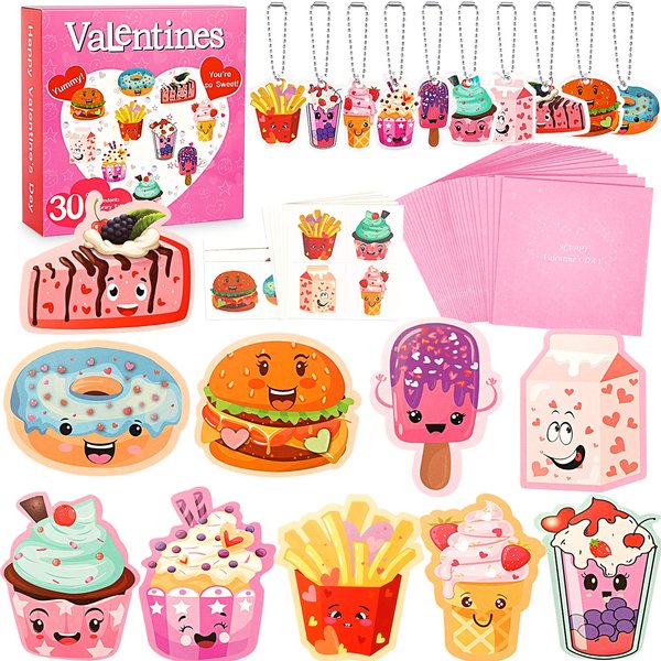 SUKKI Valentines Day Cards for Kids 30 Sets with Envelopes Pendant Gifts and Temporary Tattoos - Perfect Greeting Exchange Cards for Classmates Boys Girls Party Favors