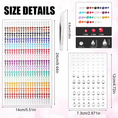 984pcs Rainbow Rhinestone Stickers, Self Adhesive Rhinestones with Tweezers Hair Pearls Jewels Face Diamonds Stick on Colorful Gem Rhinestone Embellishment Stickers for Crafts Body Eyes Nails