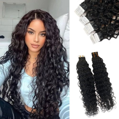 Tape in Hair Extensions Water Wave Real Human Hair Skin Weft Tape in Extensions for Black Women 18inch 20pcs 50g Natural Black Wavy Real Human Hair Extensions