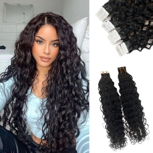 Tape in Hair Extensions Water Wave Real Human Hair Skin Weft Tape in Extensions for Black Women 18inch 20pcs 50g Natural Black Wavy Real Human Hair Extensions