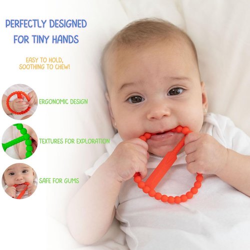 CRICBABY Cricket Baby Teether | 2 Pack Cricket Bat & Ball Shape | Soft Silicone Teething Toy for Babies 0-9 Months | Easy to Hold with 5 Teething Textures | Grass Green & Cherry Red | Certified Safe