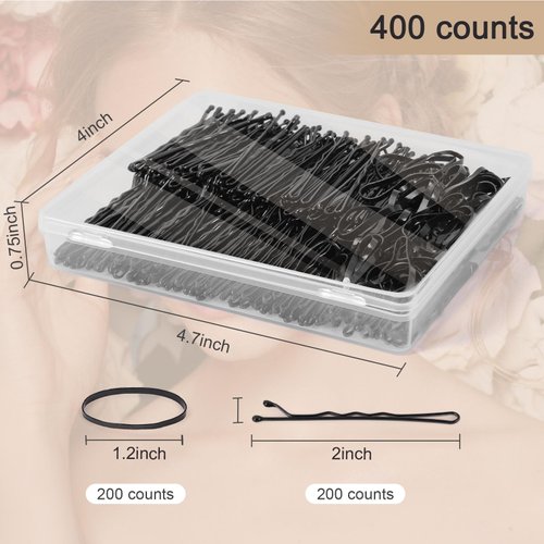 400Pcs Premium Bobby Pins Black & Small Rubber Bands for Hair Kit, 200Pcs Curved Hair Pins Secure Hold Hair in Place, 200Pcs Ouchless Hair Elastics for Women Kids Girls Ponytail, Bulked in Clear Case