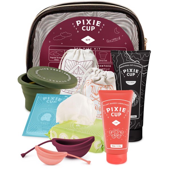 Pixie Menstrual Disc Kit - Best Period Disc Starter Kit - 2 Discs, 20 Wipes, Wash, Lube, Public Restroom Carry Cup, Stain Remover & Storage Bag - Proven to Become A Successful Menstrual Disc User
