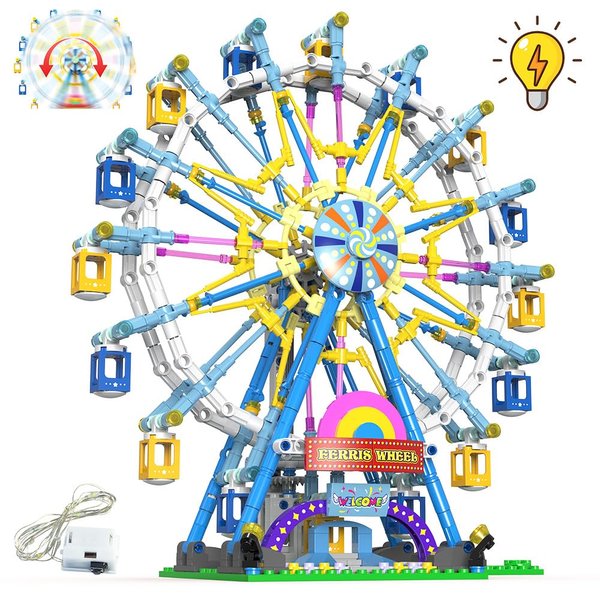 Benuefe Upgrade Rotating Ferris Wheel Building Blocks Set Toys for Kids with Light Carnival Amusement Park Construction Kits Birthday Halloween for Boys Girls（813pcs）