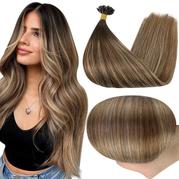 Full Shine U Tip Human Hair Extensions 18inch Keratin Bond Hair Extensions Dark Rooted Hair Extensions Balayage Brown Highlight with Blonde 50g/50s Straight Extensions