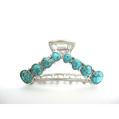 Hair claw clip turquoise blue stone silver metal western design