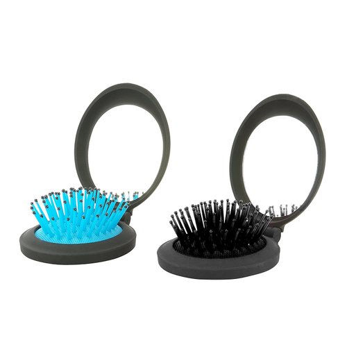 NuAngela Mini Hairbrush, Folding Hair Brush With Mirror Set, Compact Pocket Size, Travel Pop Up Hair Comb, Easy Keep in Purse, Gym Car Bag (2 Count (Pack of 1), Black Blue)