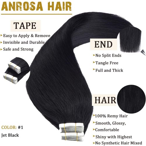 Anrosa Tape in Hair Extensions Human Hair Jet Black Color #1 Tape Hair Extensions Brazilian Hair 20pcs 50g Seamless Human Hair Extensions 14 Inch