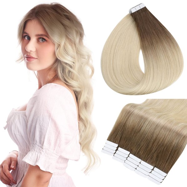 Full Shine Balayage Tape Hair Extensions Real Human Hair 16 Inch Tape in Extensions Straight Hair Ombre Color 3 Dark Brown and 8 Fading to 613 Bleach Blonde 50 Gram Double Side Tape Hair 20 Pcs