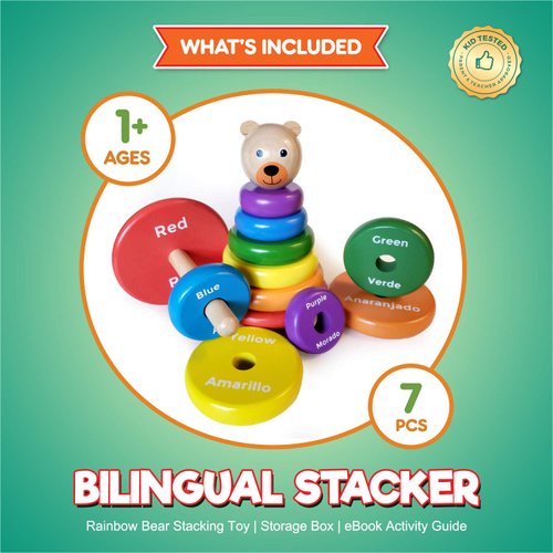 KIDS KORNER Baby Toys Wooden Stacking Rings - Bilingual Educational Toys for 2 Year Old | Learn Rainbow Colors in English & Spanish with Toddler Games Learning Activities Ebook