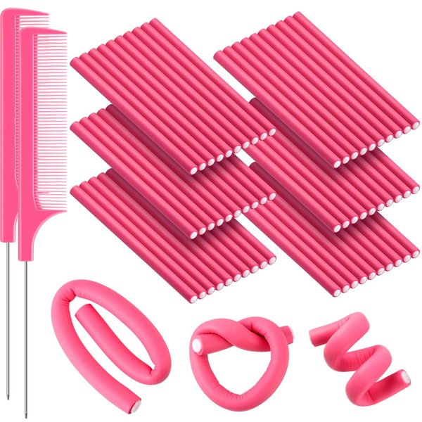 60 Pieces Flexi Rods Flexible Curling Rods Hair Curlers Rollers Twist Flexi Rods Hair Curlers Set No Heat Hair Rods Rollers Flexible Rods for Long Short Hair Women Girls (Pink, 0.3 x 7 Inch)