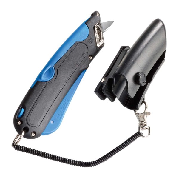 Cosco Box Cutter Knife with Shielded Blad Storage Compartment, Self-Retracting Cutter with Belt Holster for Boxes, Carboard, Cartons and Plastics, Black and Blue (091524)