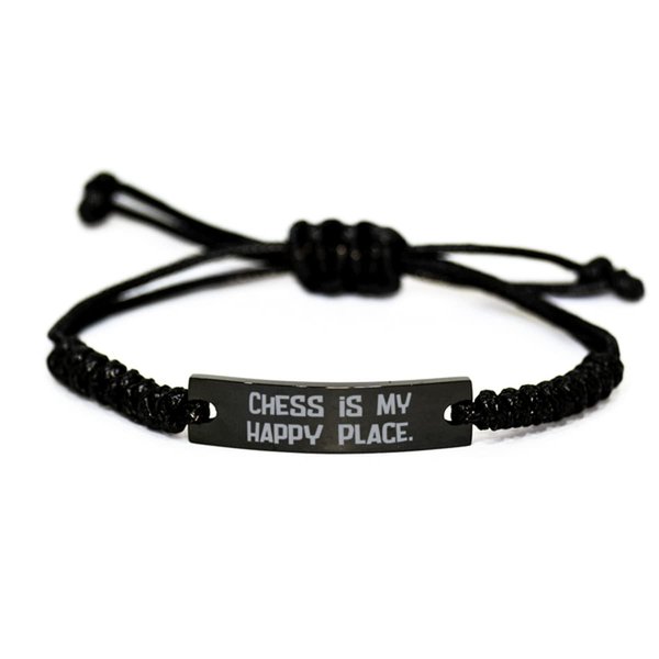 Game On Novelties Reusable Chess Black Rope Bracelet, Chess is My Happy Place, Best Gifts for Friends
