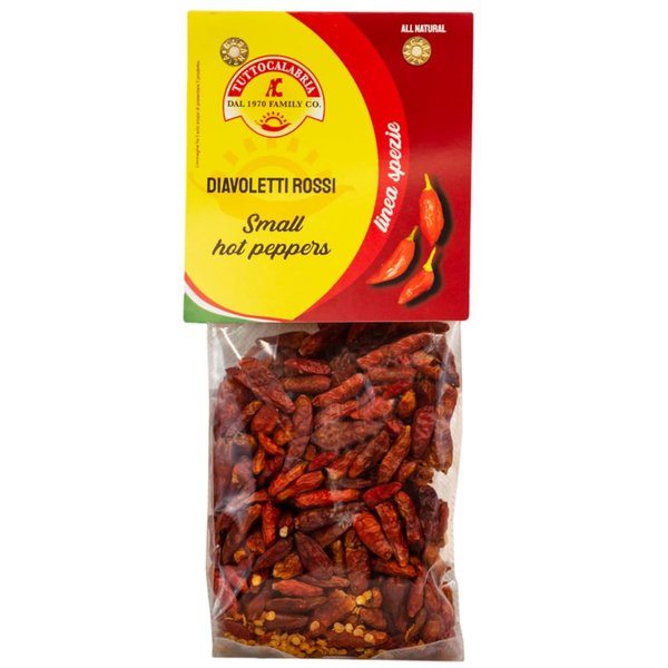 Calabrian Diavoletti Rossi, Small Dried Spicy Hot Chili Peppers, 50g, All Natural, Non-GMO, Product of Italy, TuttoCalabria