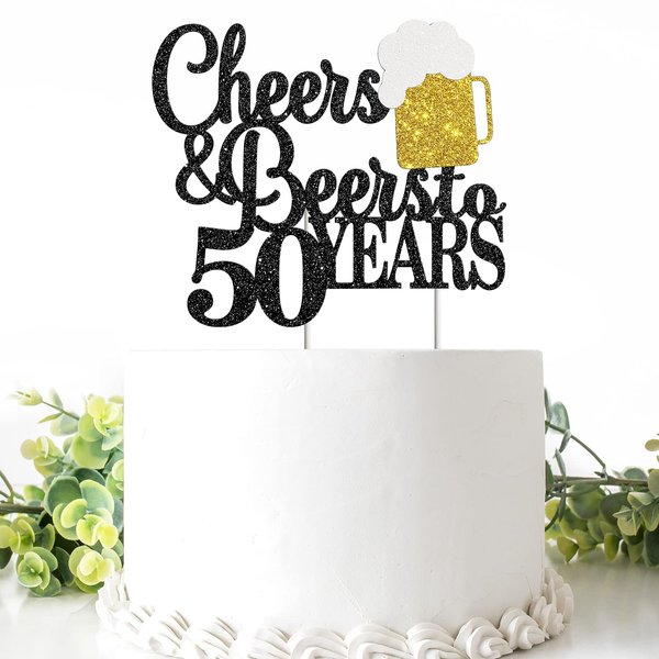Cheers & Beers to 50 Years Cake Topper, Happy 50th Birthday Cake Topper, 50th Anniversary Party Supplies, Black Glittery