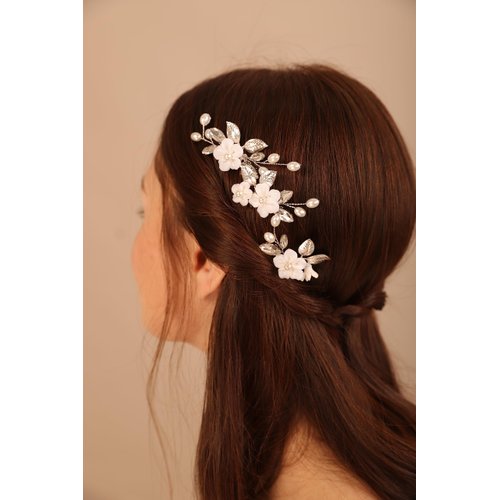 BERYUAN Wedding White Flower Rose Gold Leaf Pearls Crystal Rhinestone Hair Comb Pearls Teardrop Rhinestone Hair Piece Bride Headband for Bridal Women and Girls(3PCS) (rose gold)