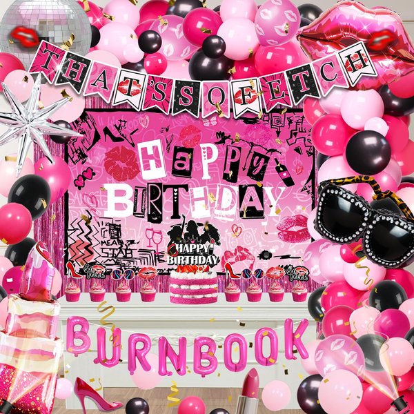 Hot Pink Girls Party Decorations Kit Hot Pik Lips Birthday Party Pink Girl Décor Burn Book Disco Backdrop Cake Cupcake Topper Backdrop Balloon Garland Hot Pink Fetch for Girl Party