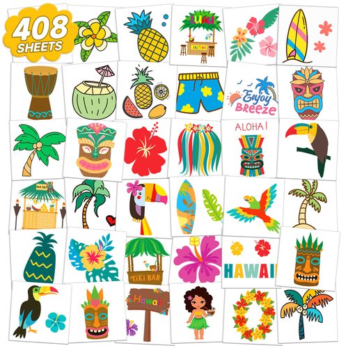 EMOME 408 Sheets Luau Individual Wrapped Kids Tattoos,Hawaiian Temporary Tattoos for Kids Tropical Beach Pool Party Favors Supplies,Fake Tattoos Stickers for Boys Girls