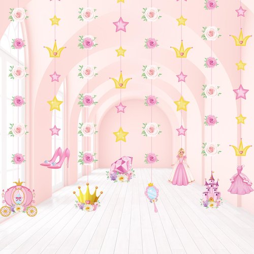 Sinload 8 Pieces Floral Princess Party Decorations Princess Theme Garland Banners Pink Gold Princess Castle Crown Carriage Paper Cutouts for Princess Birthday Baby Shower Favors Classroom Supplies