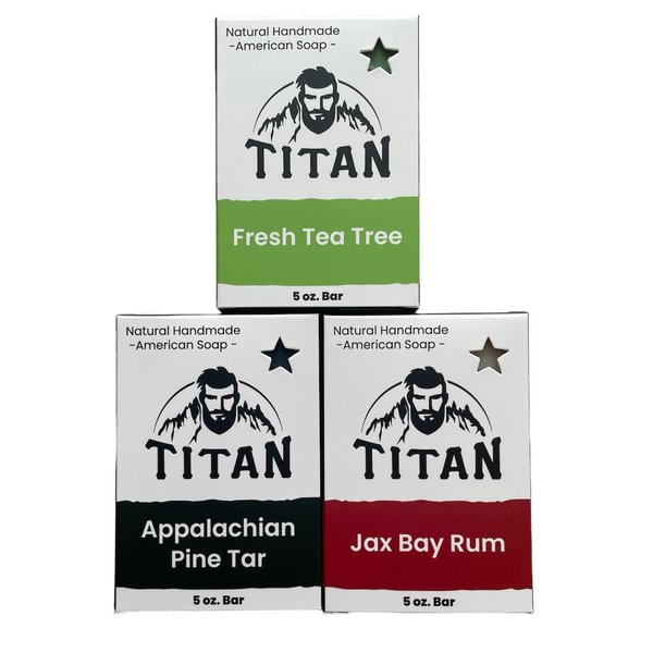 TITAN Natural Bar Soap for Men-Cold Process Soap Made With All Natural Ingredients-Handmade in America. (5 Ounce-Pack of 3, The Good Stuff Bundle)